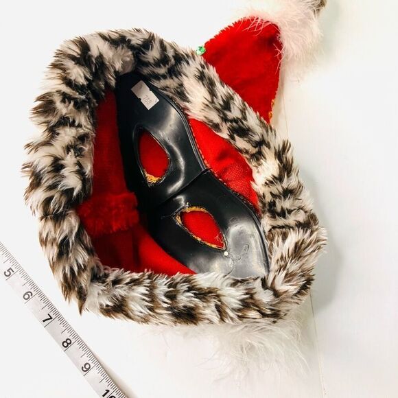 Red Santa Hat with Leopard Faux Fur Trim & Rhinestone Sequin Accents – Holiday C - Picture 5 of 6